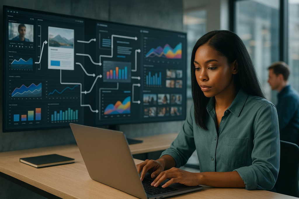 Data Analyst Working at Laptop with Analytics Dashboard